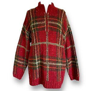LAUREN Ralph Lauren Vintage Womens Sweater Sz L Red Hand Knit Wool Tweed Plaid